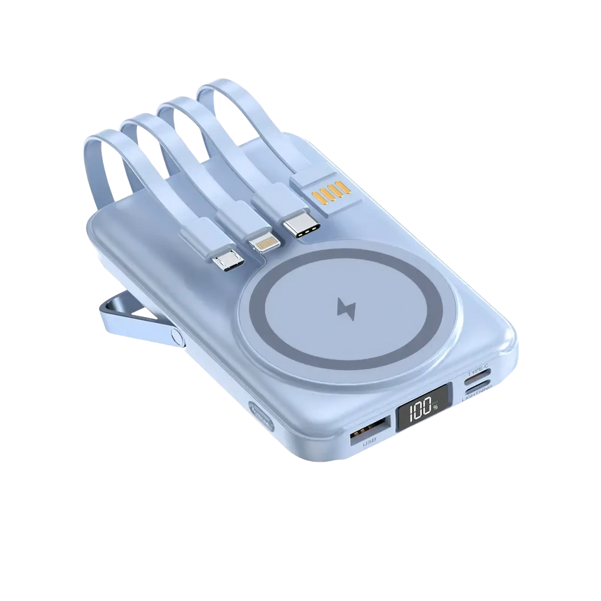 Light blue magnetic power bank 20000mah with built-in wireless charging pad and multiple usb ports with cables attached