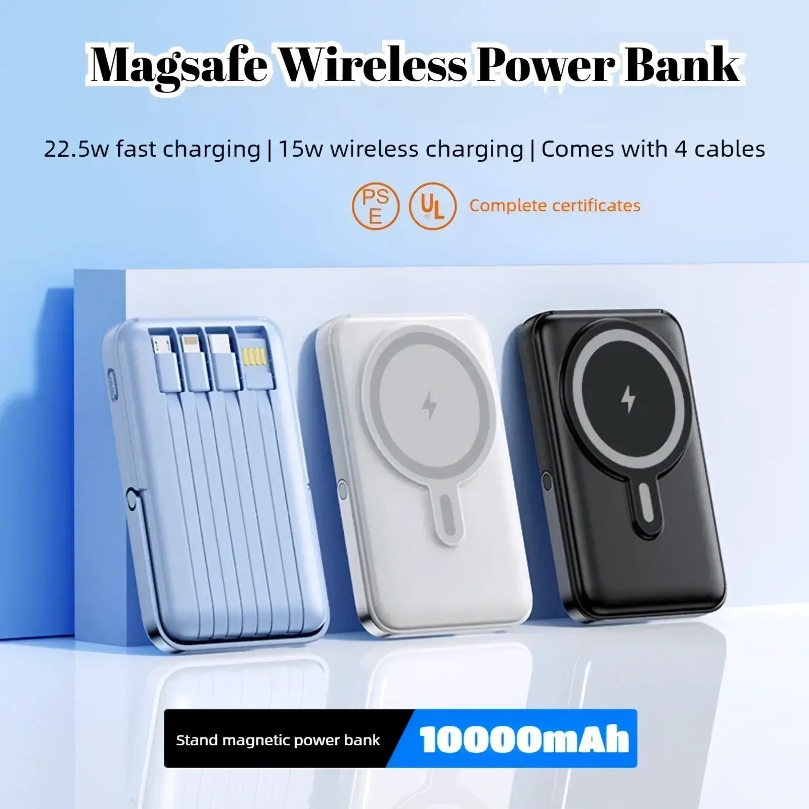 Magnetic power bank 20000mah fast charging wireless with light blue white and black magsafe magnetic charging pads