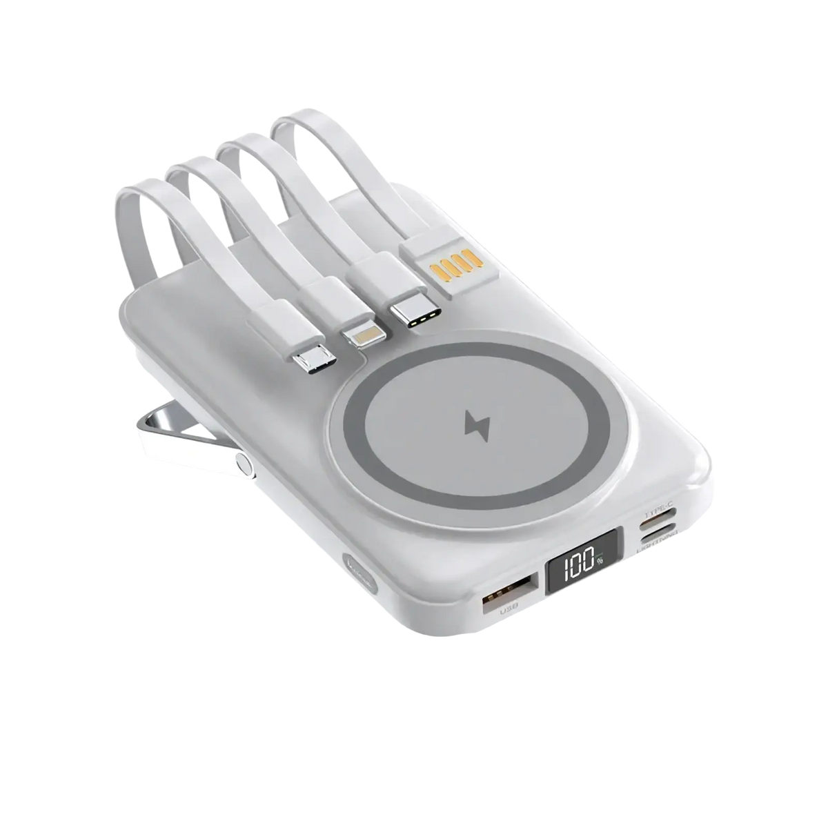 White magnetic power bank 20000mah fast charging wireless with built-in wireless pad multiple usb ports and attached cables