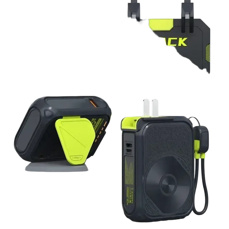 Black and neon yellow magnetic power bank 20000mah with integrated speaker and fast wireless charger design