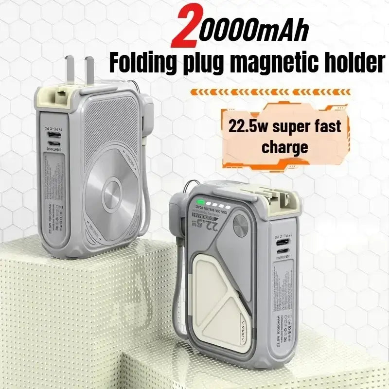 Gray and beige folding plug magnetic power bank with 20000mah capacity and 22.5w super fast charge capability
