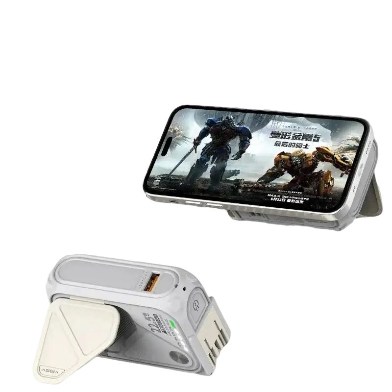 White foldable phone stand with triangular base and integrated charging ports for magnetic power bank 20000mah battery feature