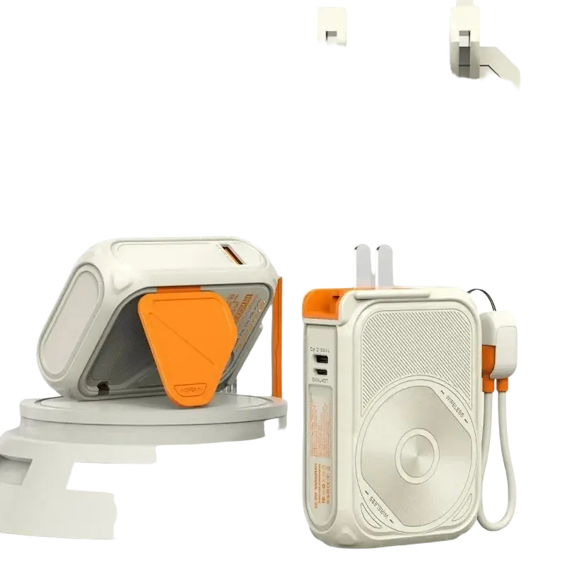 White and orange magnetic power bank 20000mah with built-in speaker and usb ports showcasing power bank features