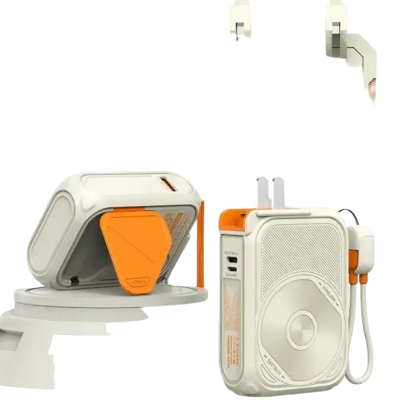 White and orange magnetic power bank with textured grille usb ports and attached charging cable for fast wireless charging