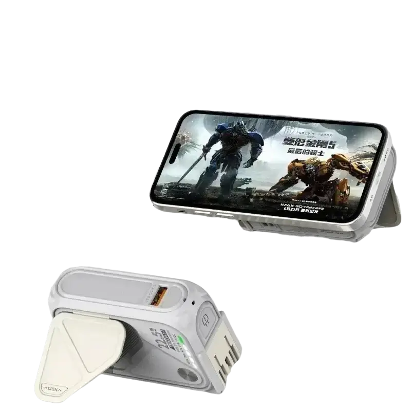 White plastic phone stand with multiple USB ports and built-in charging pad for magnetic power bank 20000mah fast wireless charger