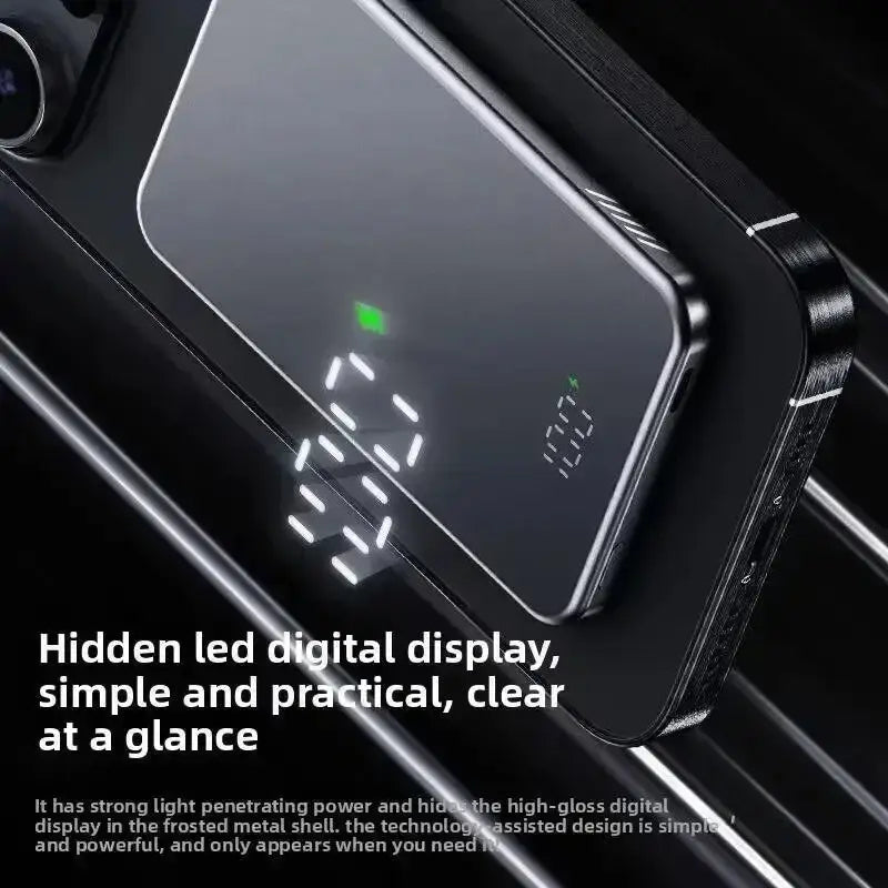 Black magnetic power bank with frosted metal shell and hidden led display showing battery percentage for quick charge