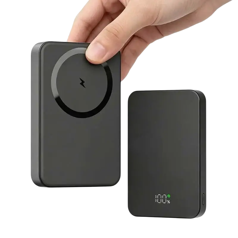 Black rectangular magnetic power bank 20000mah quick charge with circular wireless charging pad and 100% digital display