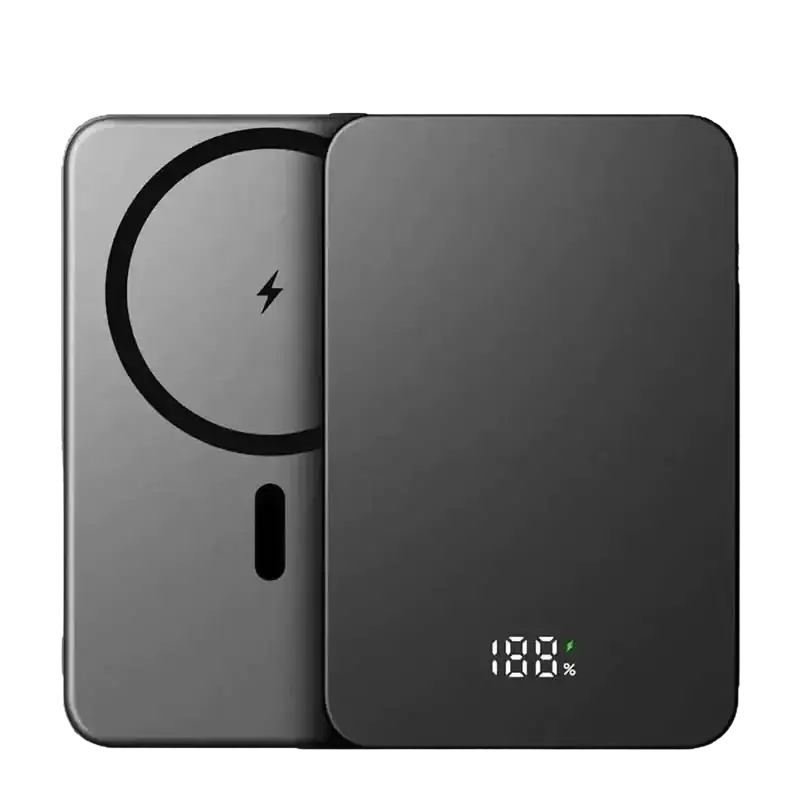 Black magnetic power bank 20000mah with sleek design and digital display showing 100% battery level for quick charge
