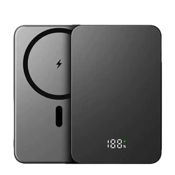 Black magnetic power bank 20000mah with sleek design and digital display showing 100% battery level for quick charge