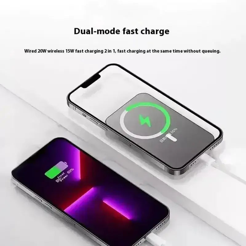 Silver-framed magnetic power bank 20000mah with sleek wireless charging pad and dual-mode quick charge capability