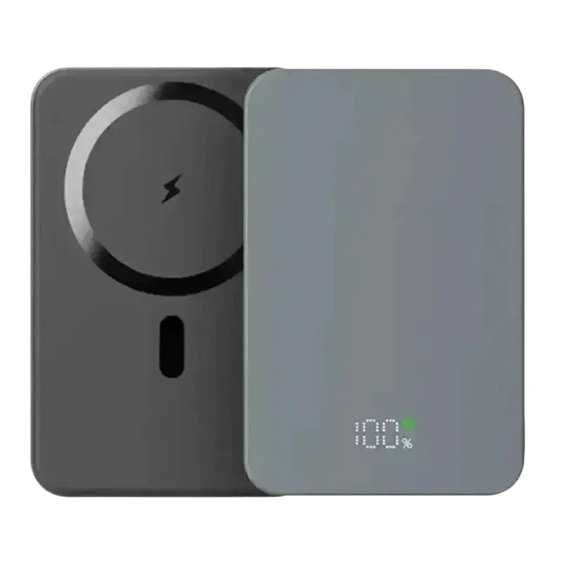 Gray rectangular magnetic power bank 20000mah quick charge silver with circular wireless charging pad and full battery indicator