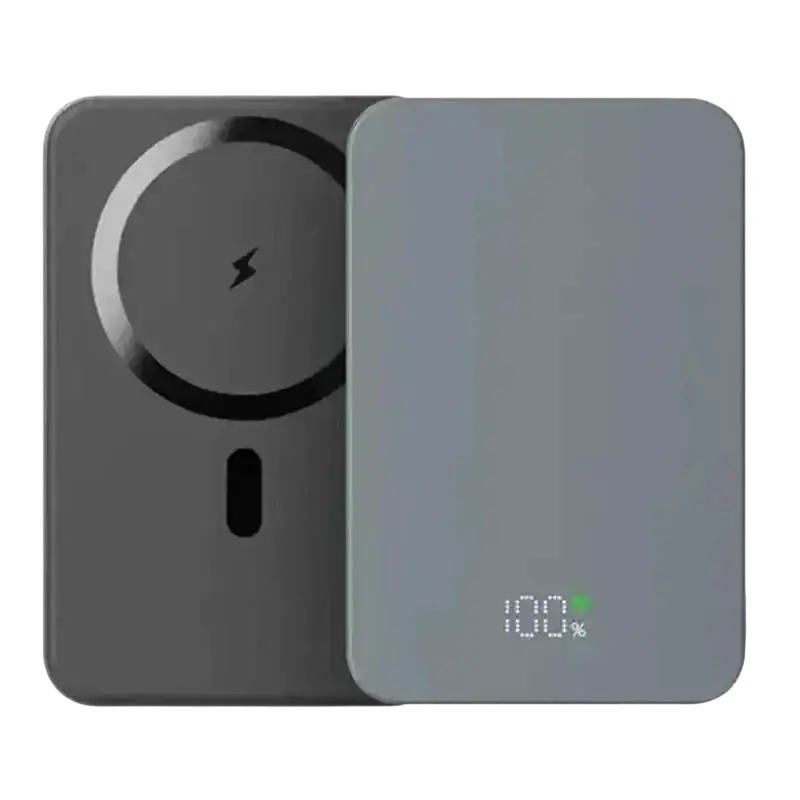 Gray rectangular magnetic power bank 20000mah quick charge with circular wireless charger and digital battery indicator