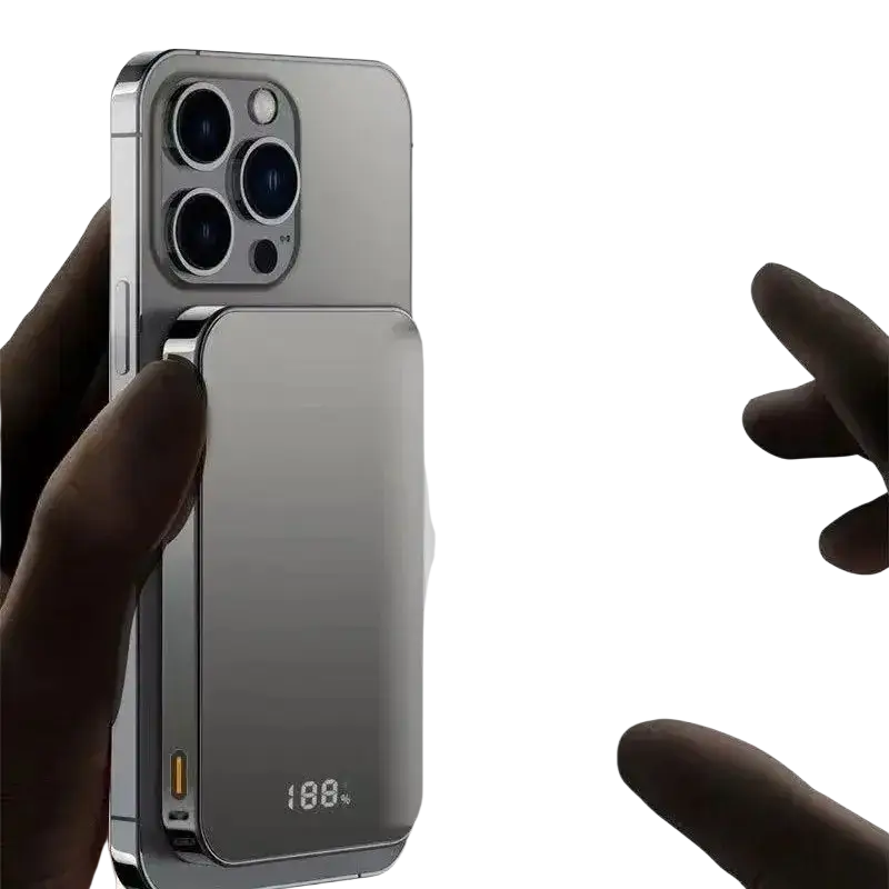 Silver iphone with sleek metallic magnetic power bank 20000mah quick charge showing 100% battery life