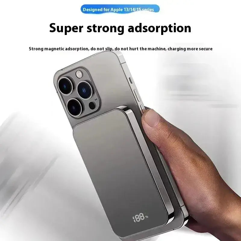 Silver magnetic power bank 20000mah with sleek metallic finish and digital battery indicator showing 108% quick charge