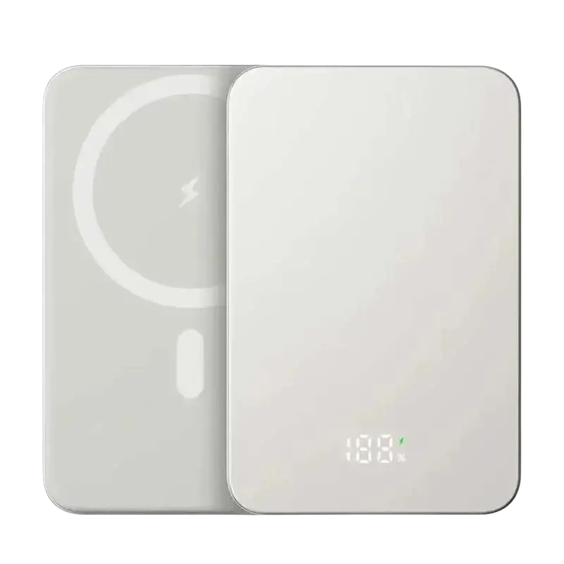Magnetic power bank 20000mah quick charge silver showing the back with a white minimalist wireless charging pad and qi logo
