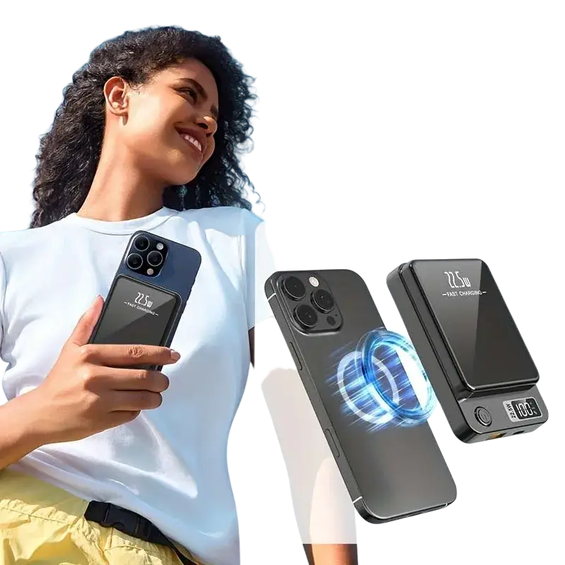 Black magnetic power bank 20000mah wireless fast charger with 32 magnets and digital fast charging display featuring advanced safety features