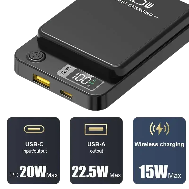 Black magnetic power bank 20000mah with digital display 100 percent charge usb-c usb-a and wireless charging