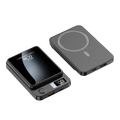 Black rectangular magnetic power bank with wireless charging pad and digital battery display featuring advanced safety features