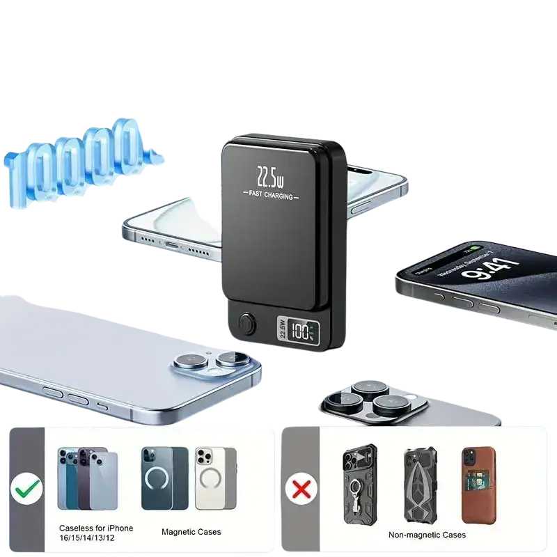 Black rectangular magnetic power bank with 20000mAh capacity digital display showing 100 percent battery level