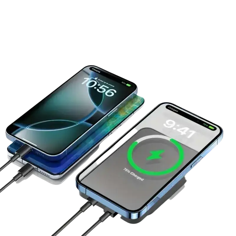 Blue smartphone with sleek metallic frame displaying charging status on magnetic power bank 20000mah wireless fast charger