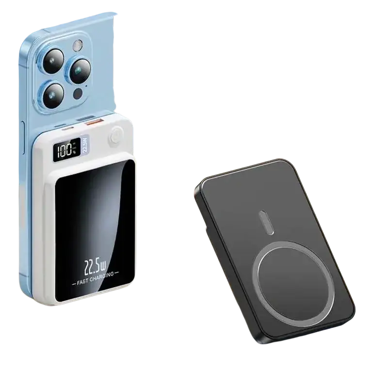 Light blue and white magnetic power bank 20000mah with digital display and advanced safety features for fast wireless charging