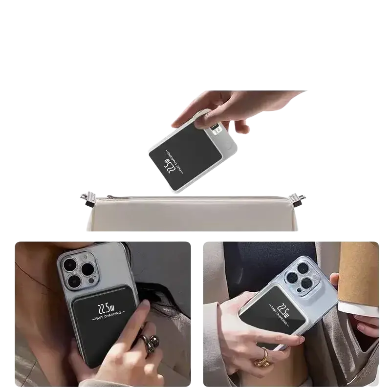 A sleek silver magnetic power bank with a built-in black fast-charging panel displaying battery percentage on the back side