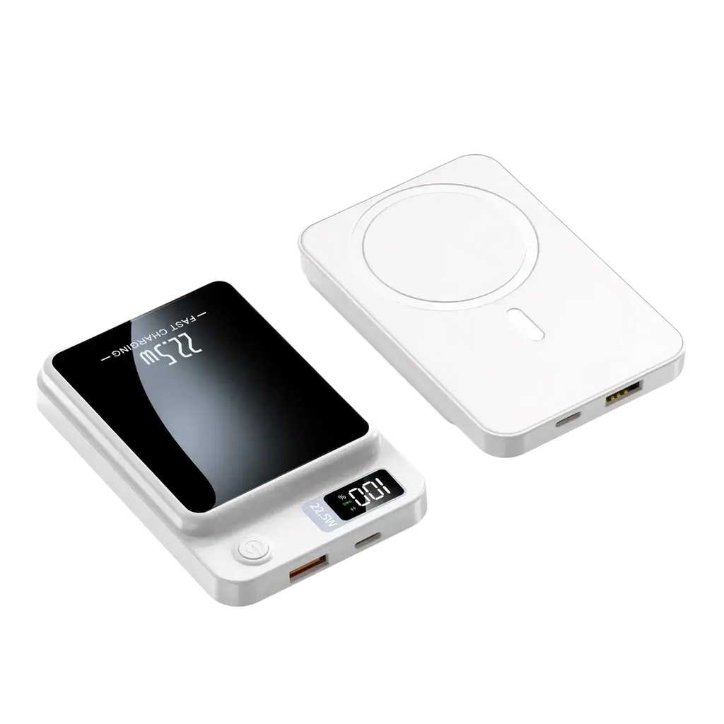 White rectangular magnetic power bank 20000mah with built-in wireless charging pad and digital display screen