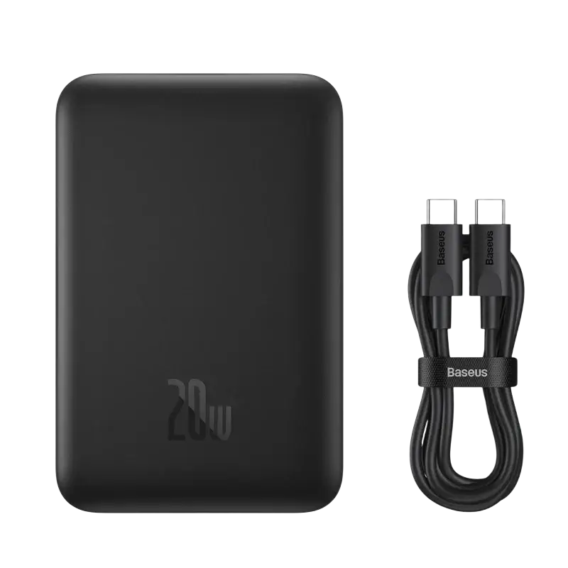 Black rectangular 20w magnetic power bank with matte finish and Baseus usb-c cable showing high energy conversion rate