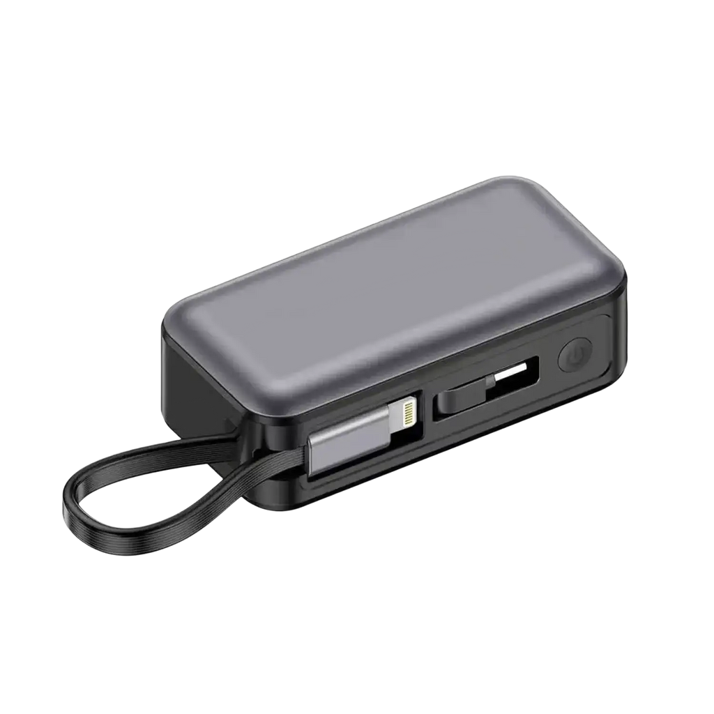 Black rectangular magnetic power bank with matte finish featuring integrated usb-c port and lightning connector side view