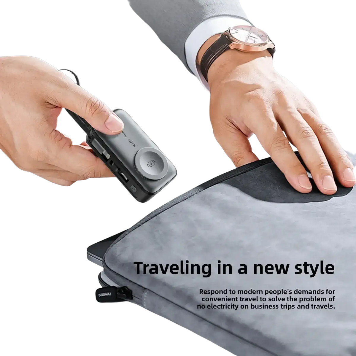 Gray magnetic power bank 5000mAh with multiple USB ports and circular button for convenient travel charging