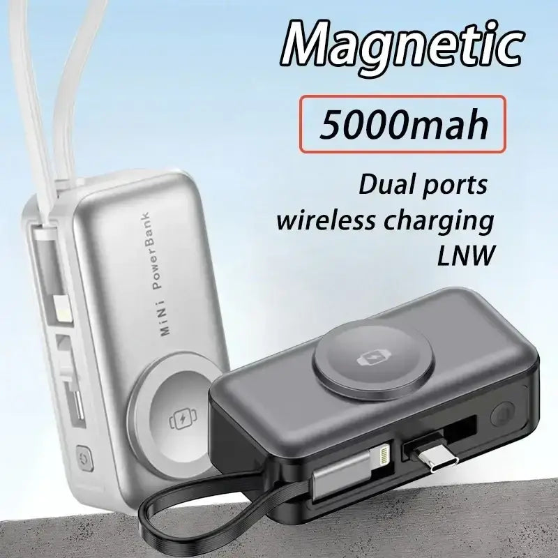 Silver and black magnetic power bank 5000mah with dual ports and wireless charging for portable magnetic power use