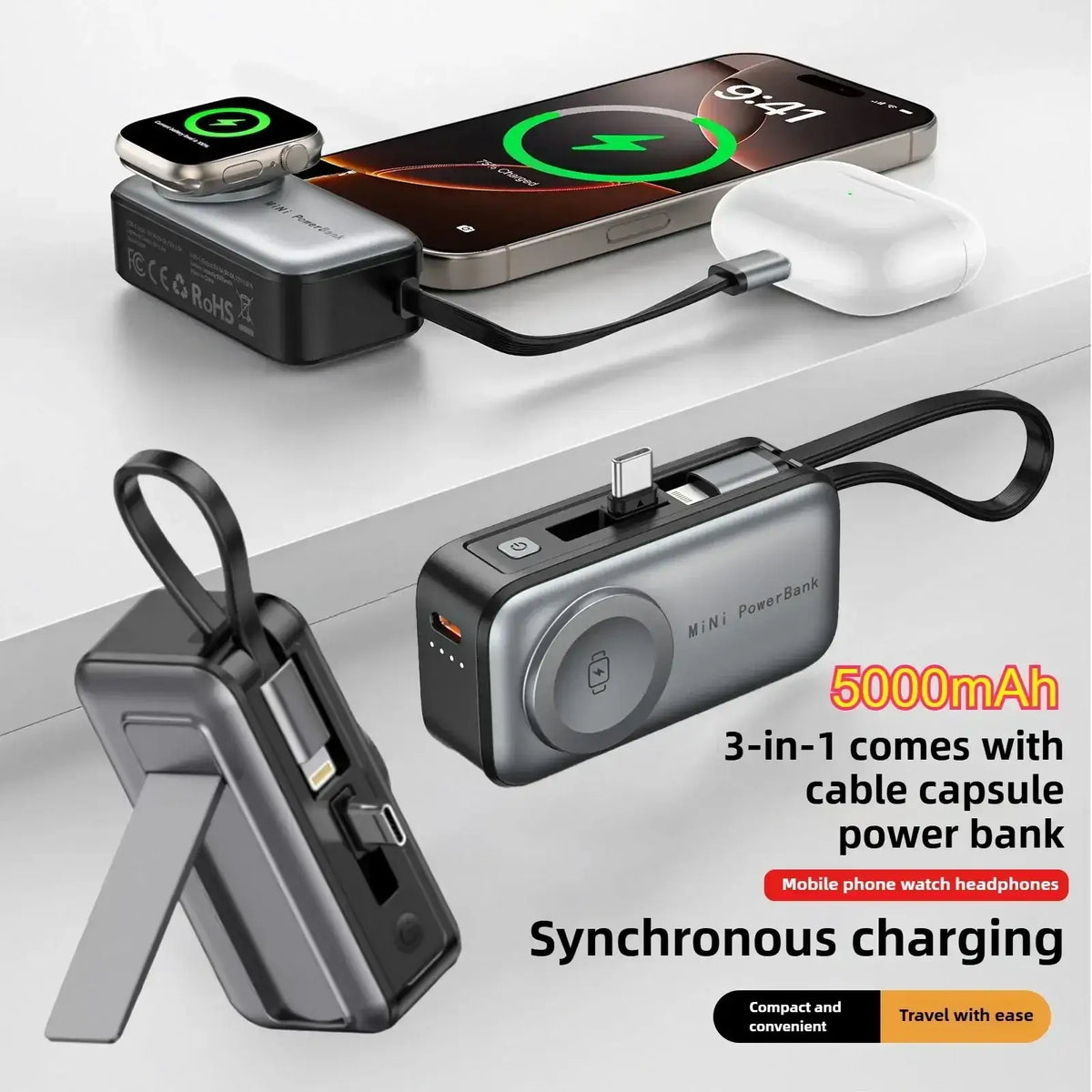 Silver and black magnetic power bank 5000mAh 3-in-1 portable charger with magnetic power ports for phone watch and headphones