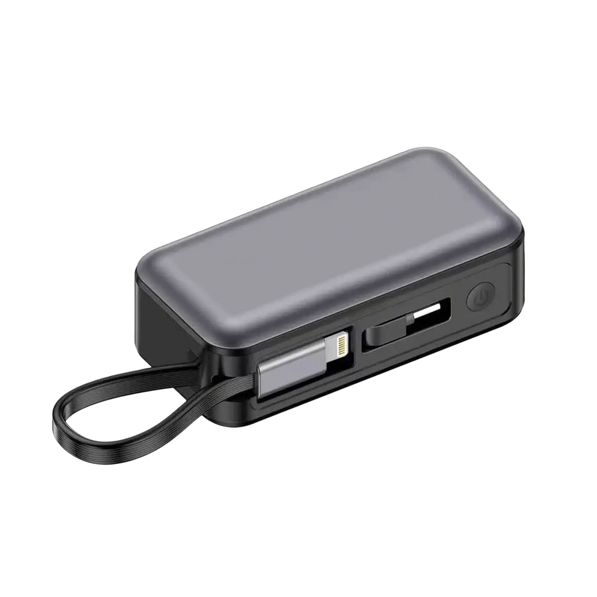 Black rectangular magnetic power bank with matte finish, integrated usb-c and lightning connectors, and power button
