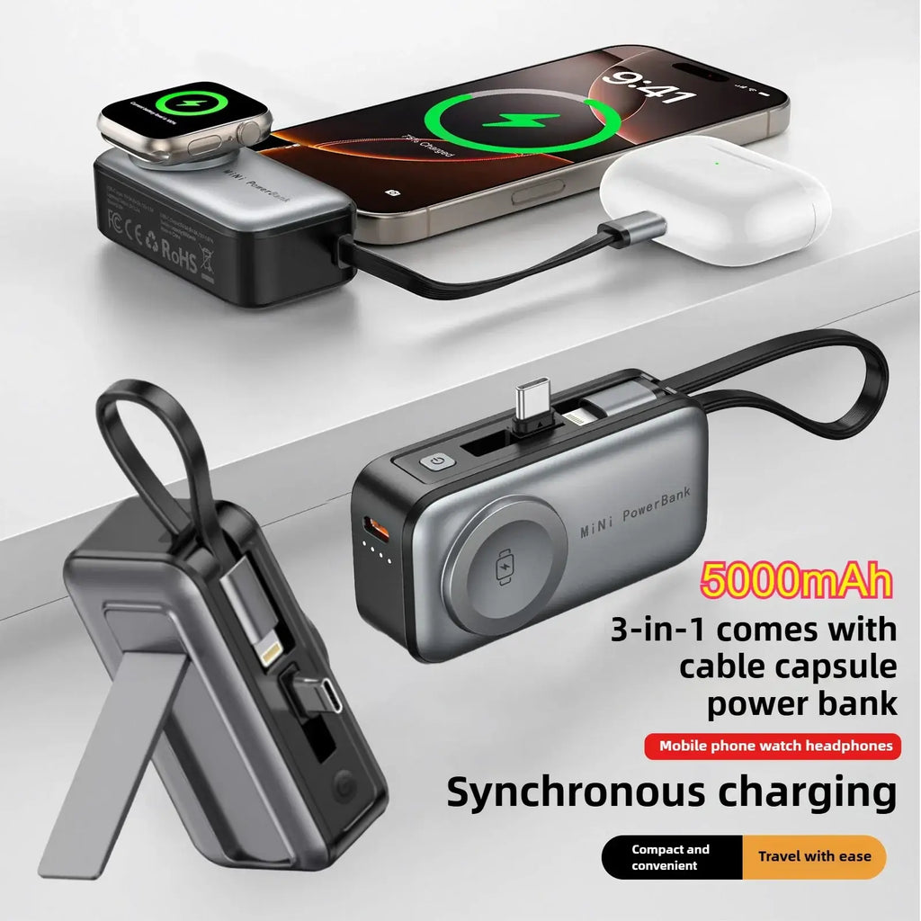 Silver and black magnetic power bank 5000mah 3-in-1 portable charger with magnetic charging ports for phone, watch, and headphones