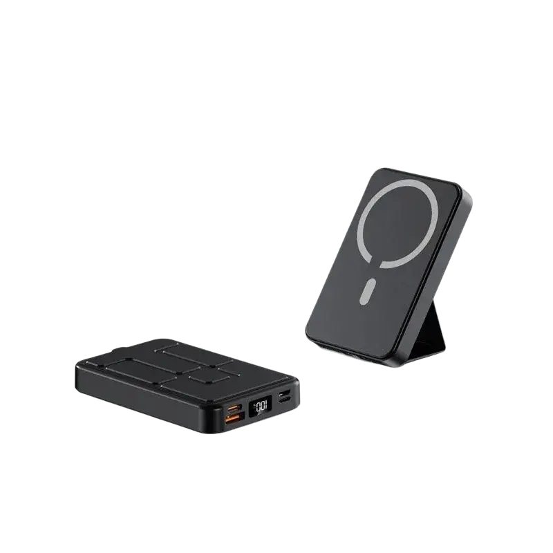 Black rectangular wireless power bank with matte finish and integrated stand featuring magnetic charging support symbol