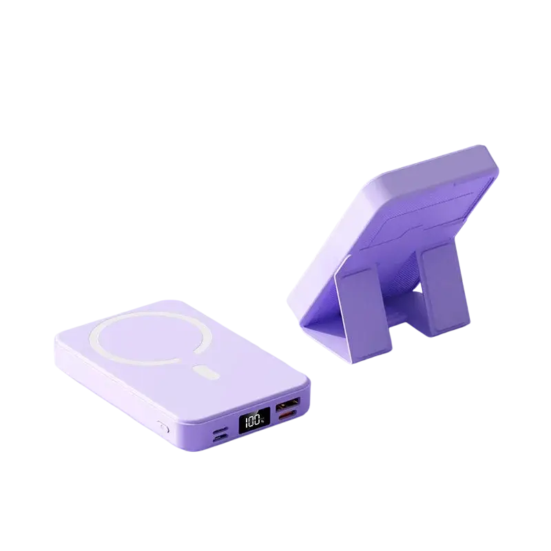 Lavender wireless magnetic power bank with built-in phone stand and digital display showing 100 percent charging support
