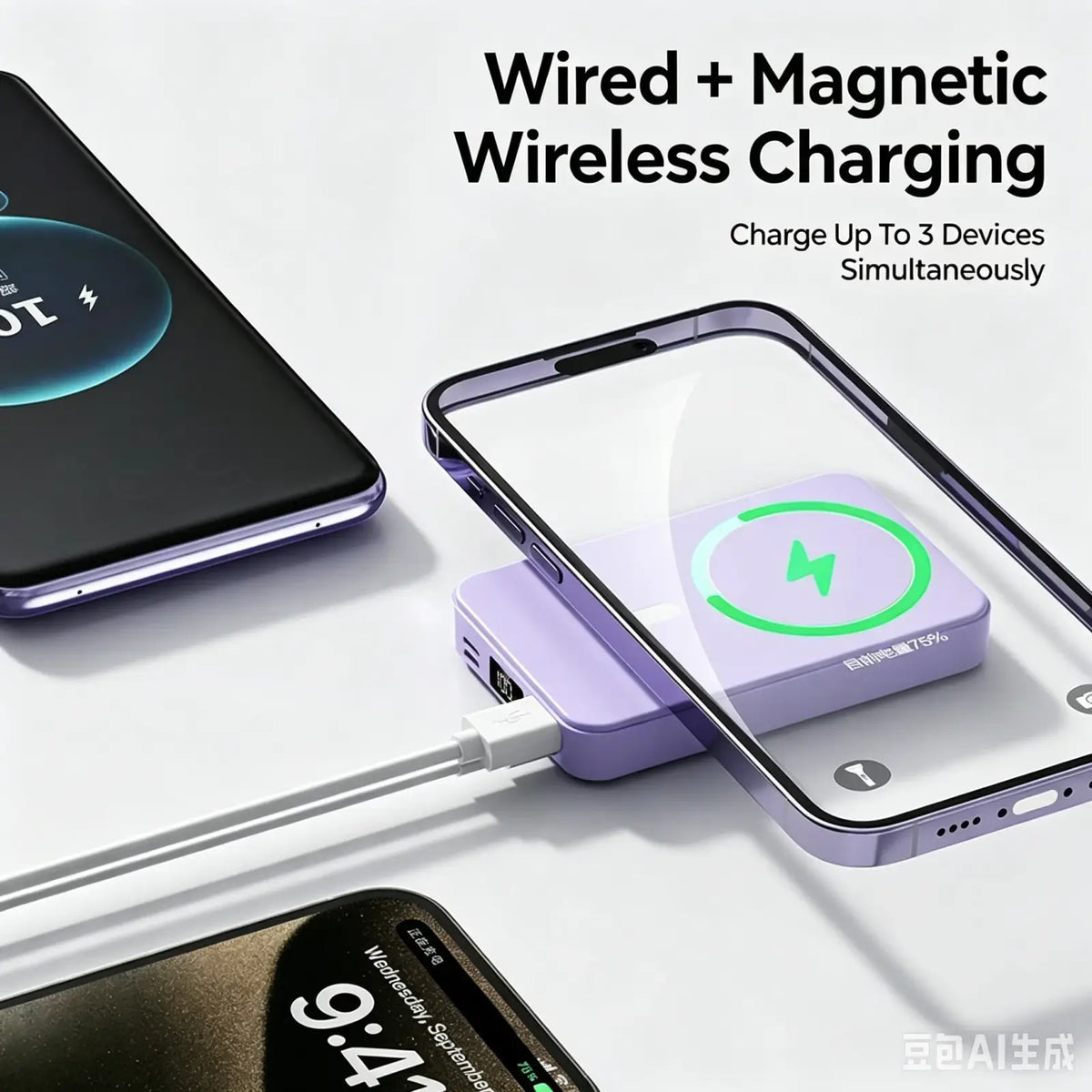 Purple rectangular magnetic power bank with phone stand featuring dual charging support wireless and wired capabilities