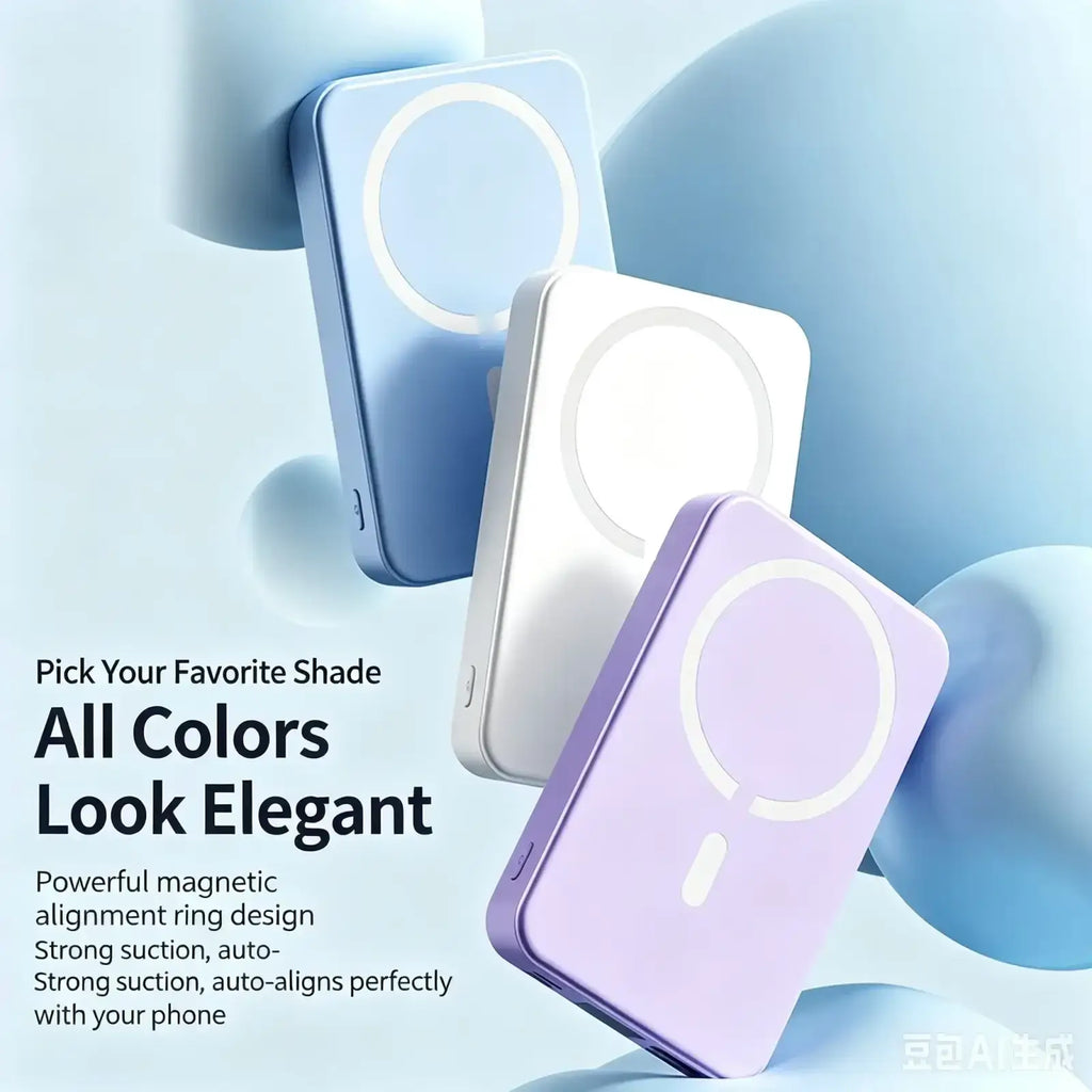 A sleek rectangular pastel blue white and lavender magnetic power bank with phone stand and fast charging support