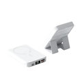 White rectangular magnetic power bank with built-in stand and digital display showing 100 percent charging support fast charging