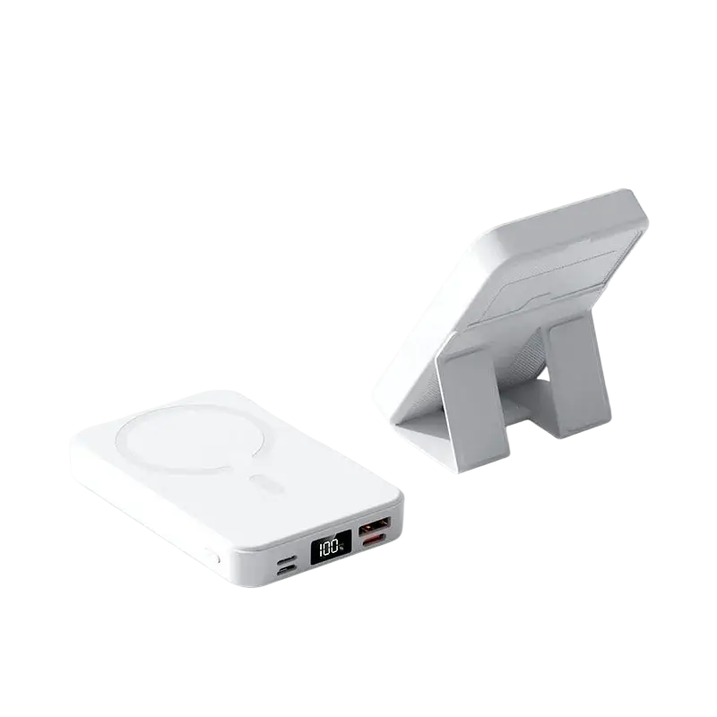 White rectangular magnetic power bank with circular charging pad and digital display showing 100 percent charging support