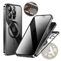 Black magnetic privacy phone case shown from back with a sleek transparent back and metallic frame for full coverage protection