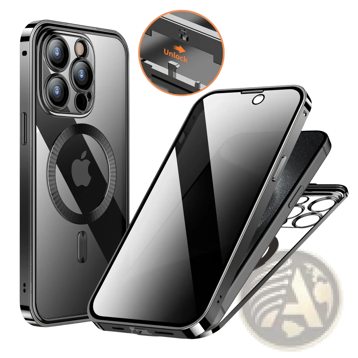 Black magnetic privacy phone case shown from back with a sleek transparent back and metallic frame for full coverage protection