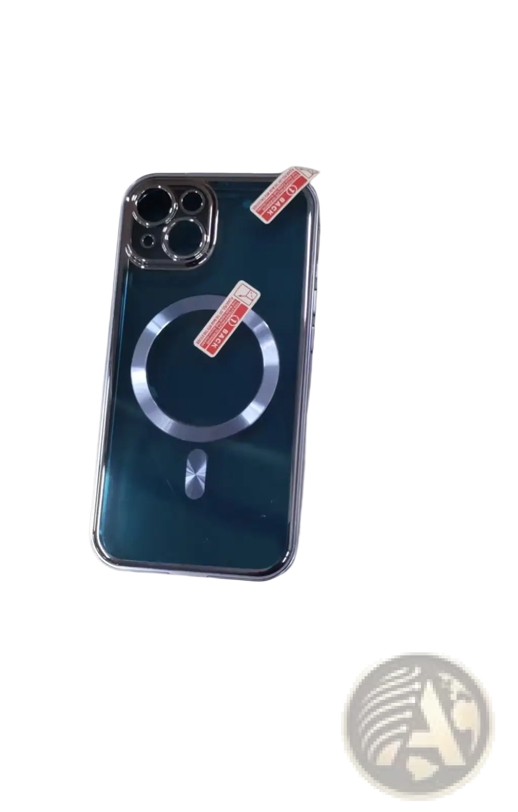 Teal magnetic privacy phone case showing the back with silver magnetic charging ring inside clear protective cover