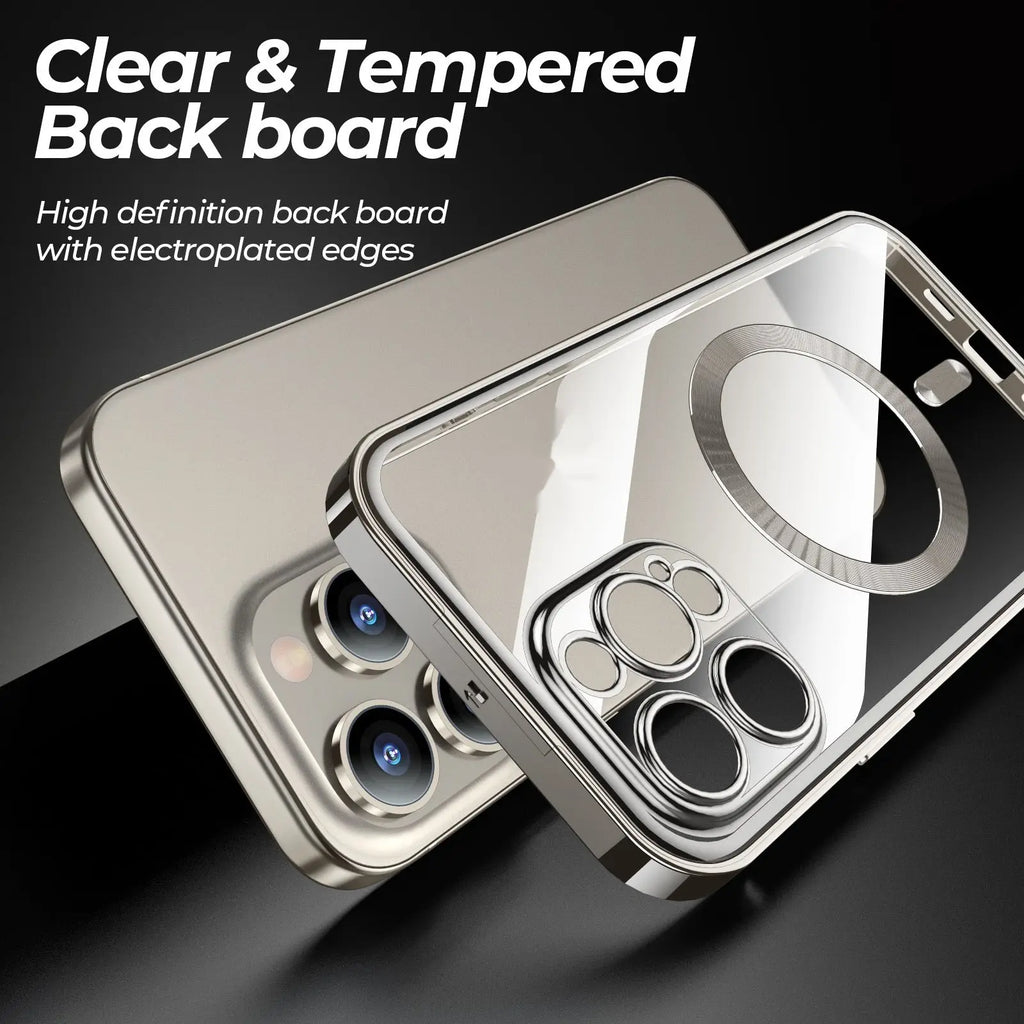 Silver-framed magnetic privacy phone case with clear tempered back and electroplated edges showing back side
