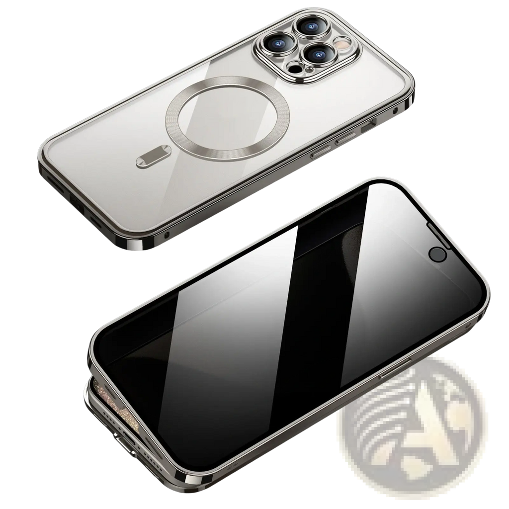 Silver magnetic privacy phone case with full coverage featuring a sleek transparent back and metallic frame shown from back side