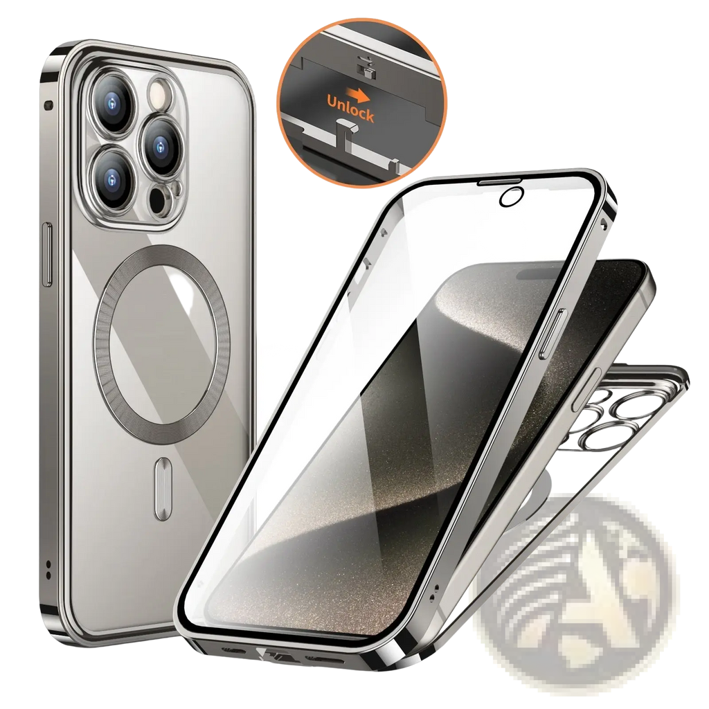 Silver magnetic privacy phone case with full coverage featuring a sleek transparent design and metallic frame back view