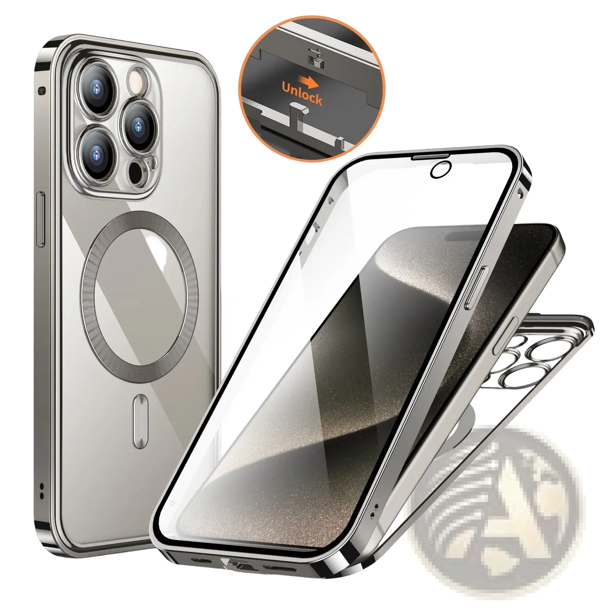 Silver magnetic privacy phone case with full coverage featuring a sleek transparent design and metallic frame back view