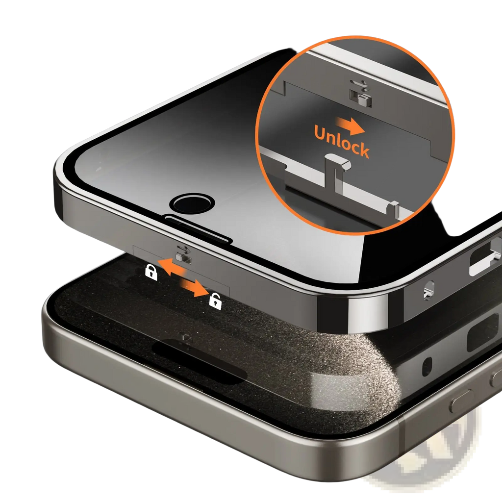 Silver magnetic privacy phone case with snap switch screen protector and sleek minimalist design with magnetic buckle