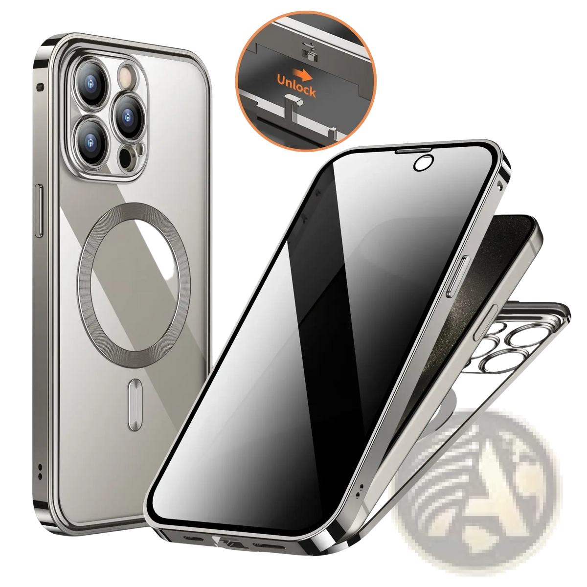 Silver magnetic privacy phone case with full coverage featuring a sleek transparent back and metallic frame shown from the back