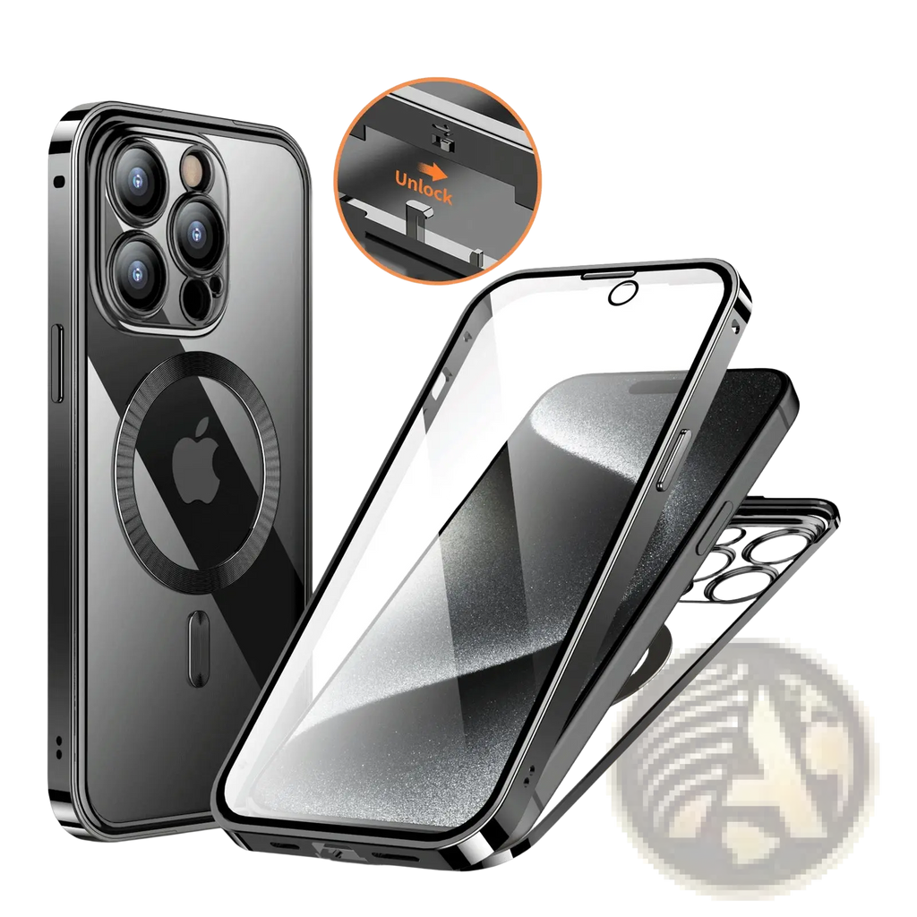 Black magnetic privacy phone case with full coverage featuring a transparent front panel and metallic frame